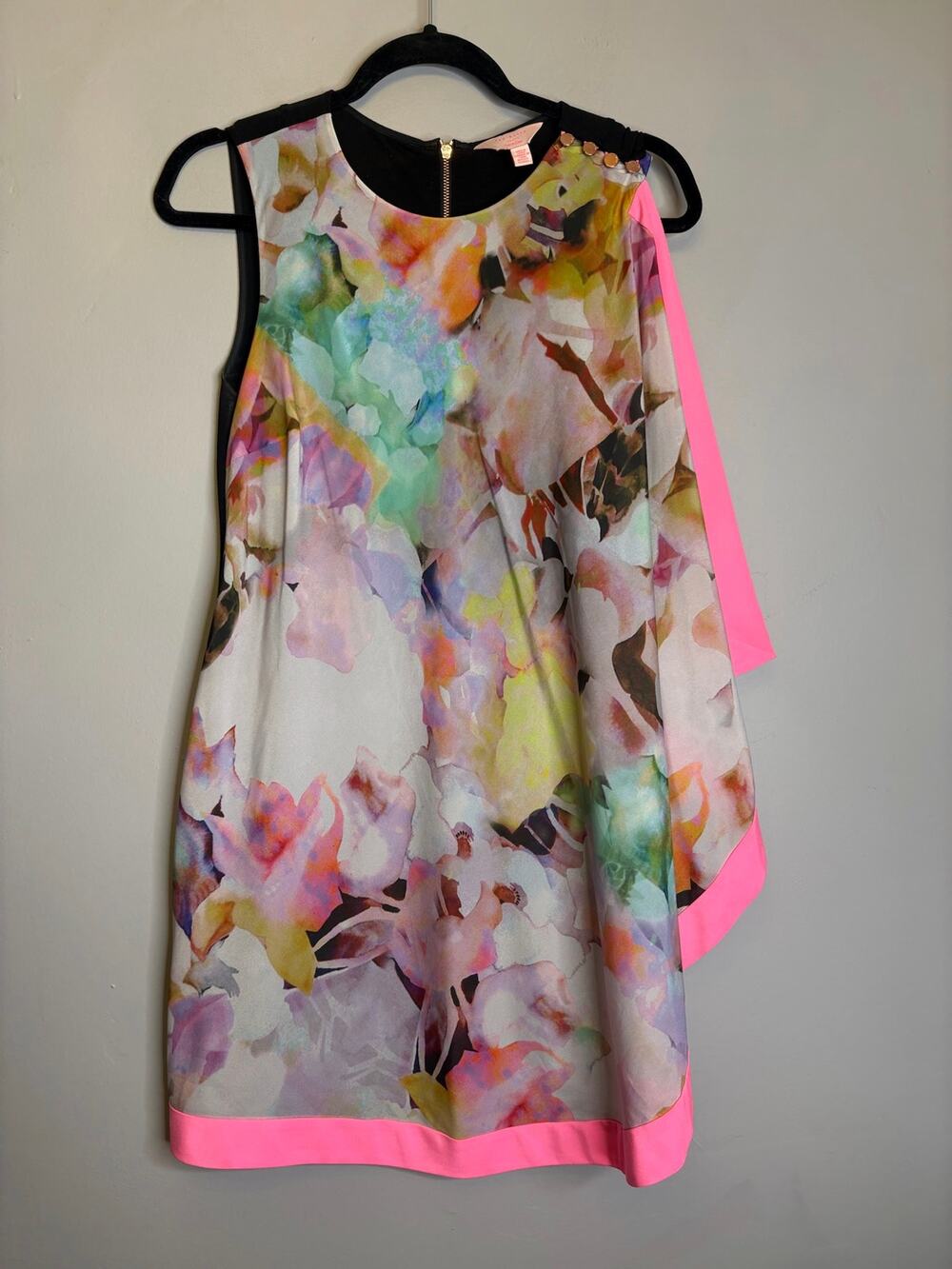 Ted Baker London Floral Watercolor Shift Dress Small S Gold Zip Back Designer